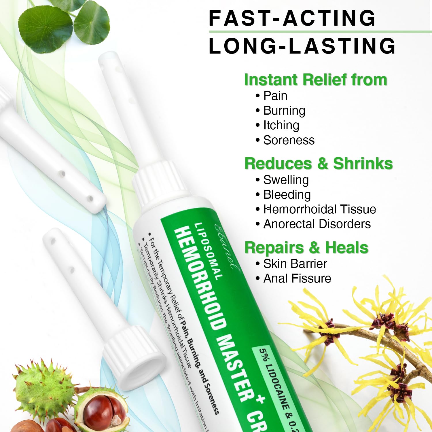 Ebanel 5% Lidocaine Hemorrhoid Treatment Cream with Witch Hazel, Phenylephrine, Horse Chestnut, Vitamin B6, Zinc Oxide, External and Internal Hemorrhoids Treatment Burn Itch Pain Relief Anal Cream - dailyvitalstore