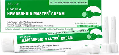 Ebanel 5% Lidocaine Hemorrhoid Treatment Cream with Witch Hazel, Phenylephrine, Horse Chestnut, Vitamin B6, Zinc Oxide, External and Internal Hemorrhoids Treatment Burn Itch Pain Relief Anal Cream - dailyvitalstore