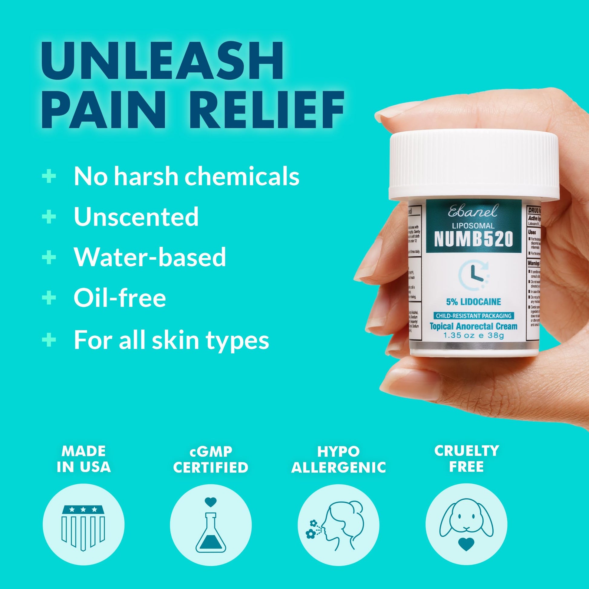 Ebanel 5% Lidocaine Numbing Cream, 2-Pack Pain Relief Burn Itch Numb Cream, Maximum Strength Topical Anesthetic with Allantoin, Vitamin E for Local and Anorectal Uses, Hemorrhoid Treatment - dailyvitalstore