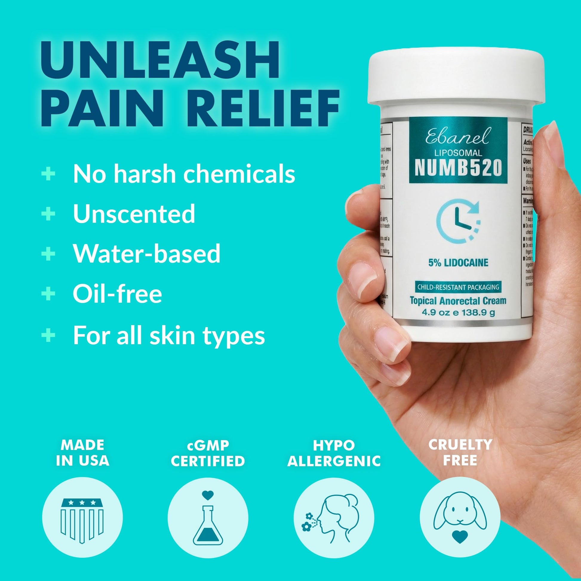 Ebanel 5% Lidocaine Numbing Cream, Pain Relief Burn Itch Cream, Maximum Strength Topical Anesthetic with Allantoin, Vitamin E for Local and Anorectal Uses, Hemorrhoid Treatment, 4.9 Oz - dailyvitalstore