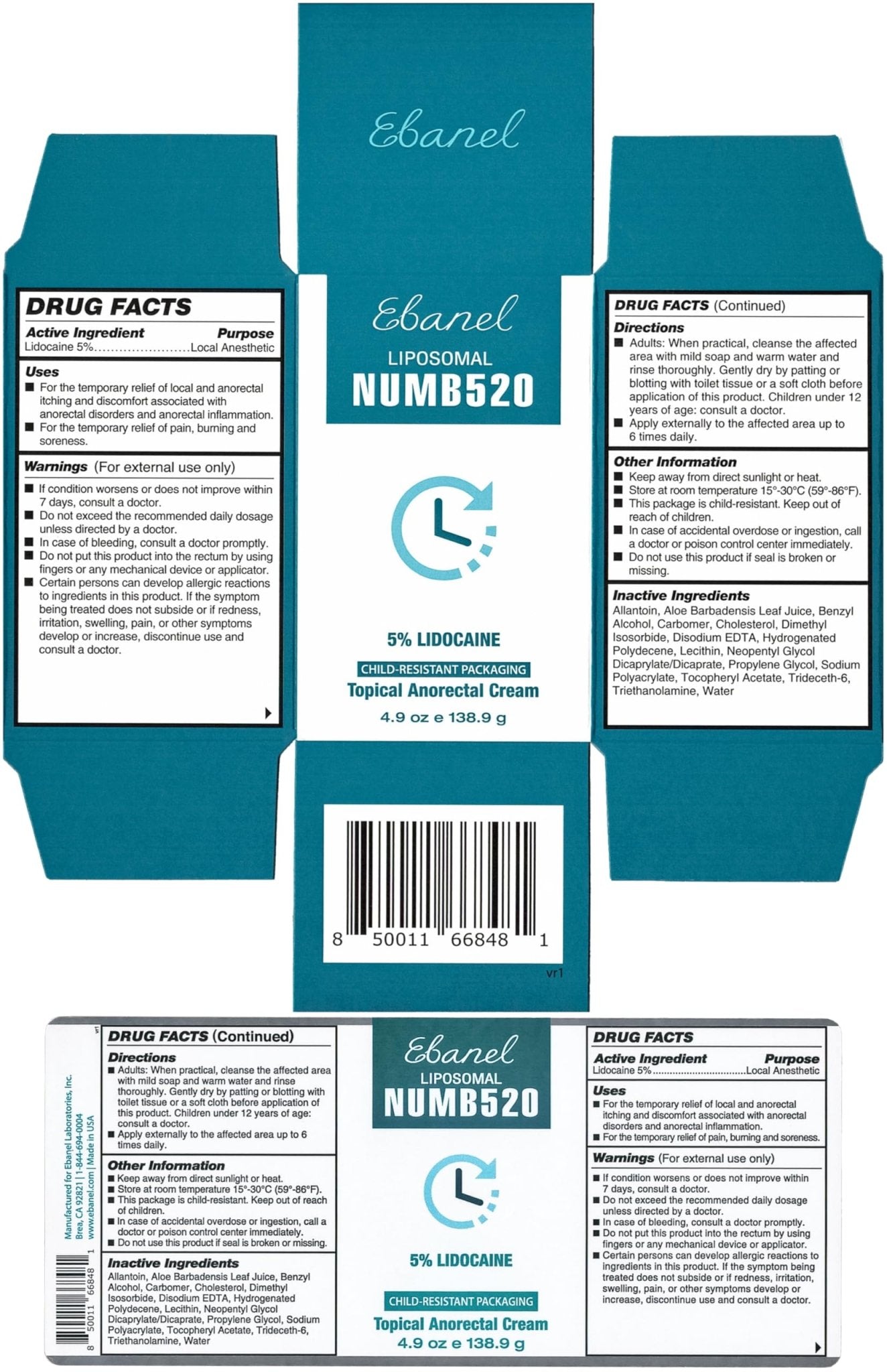 Ebanel 5% Lidocaine Numbing Cream, Pain Relief Burn Itch Cream, Maximum Strength Topical Anesthetic with Allantoin, Vitamin E for Local and Anorectal Uses, Hemorrhoid Treatment, 4.9 Oz - dailyvitalstore