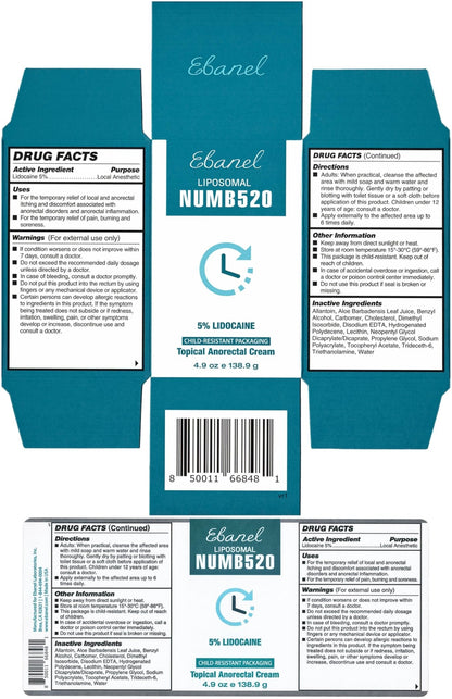 Ebanel 5% Lidocaine Numbing Cream, Pain Relief Burn Itch Cream, Maximum Strength Topical Anesthetic with Allantoin, Vitamin E for Local and Anorectal Uses, Hemorrhoid Treatment, 4.9 Oz - dailyvitalstore