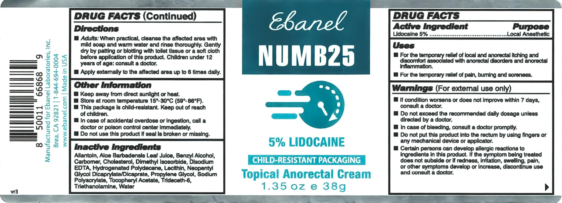 Ebanel 5% Lidocaine Numbing Cream, Pain Relief Burn Itch Numb Cream, Maximum Strength Numb25 Topical Anesthetic with Allantoin, Vitamin E for Local and Anorectal Uses, Hemorrhoid Treatment, 1.35 Oz - dailyvitalstore