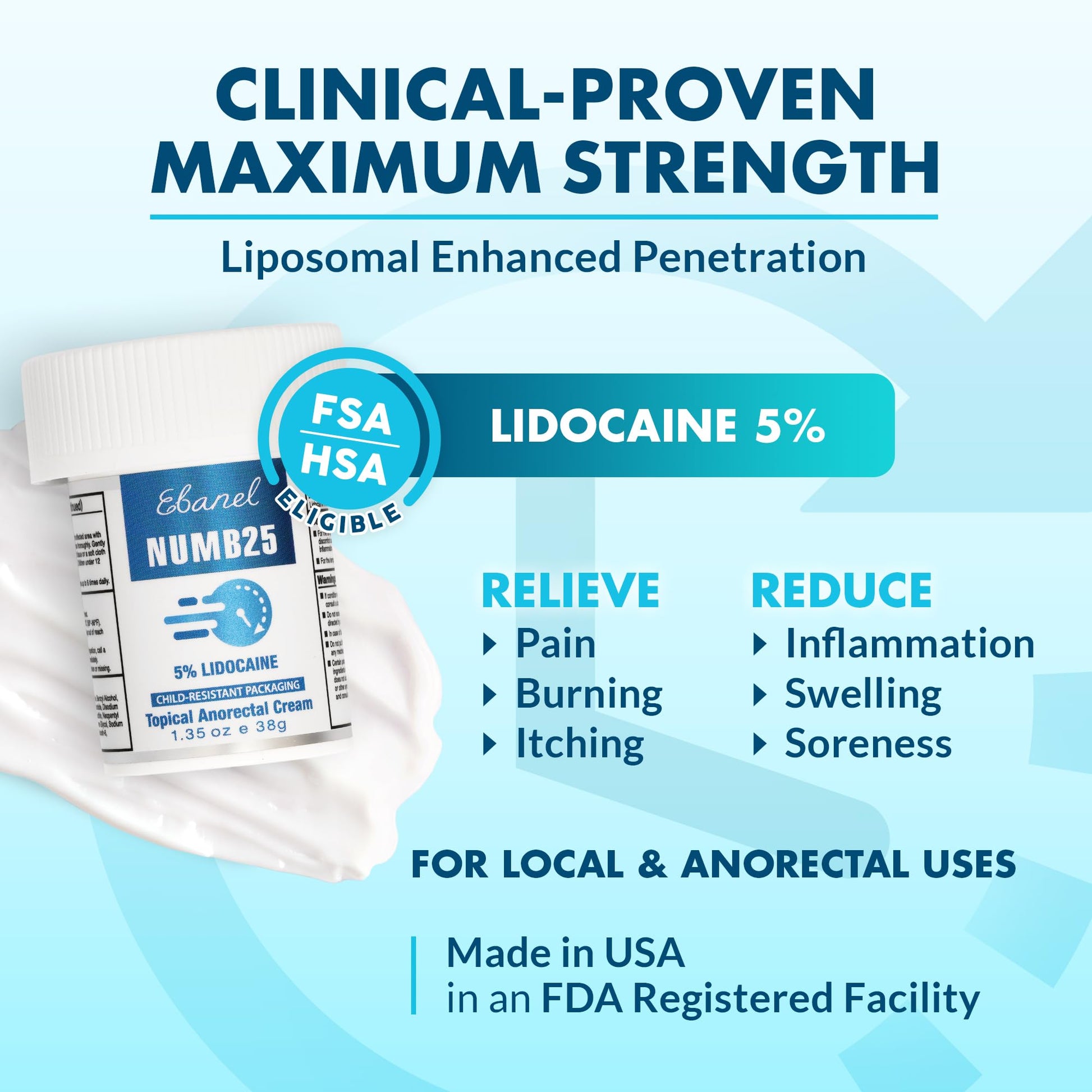 Ebanel 5% Lidocaine Numbing Cream, Pain Relief Burn Itch Numb Cream, Maximum Strength Numb25 Topical Anesthetic with Allantoin, Vitamin E for Local and Anorectal Uses, Hemorrhoid Treatment, 1.35 Oz - dailyvitalstore