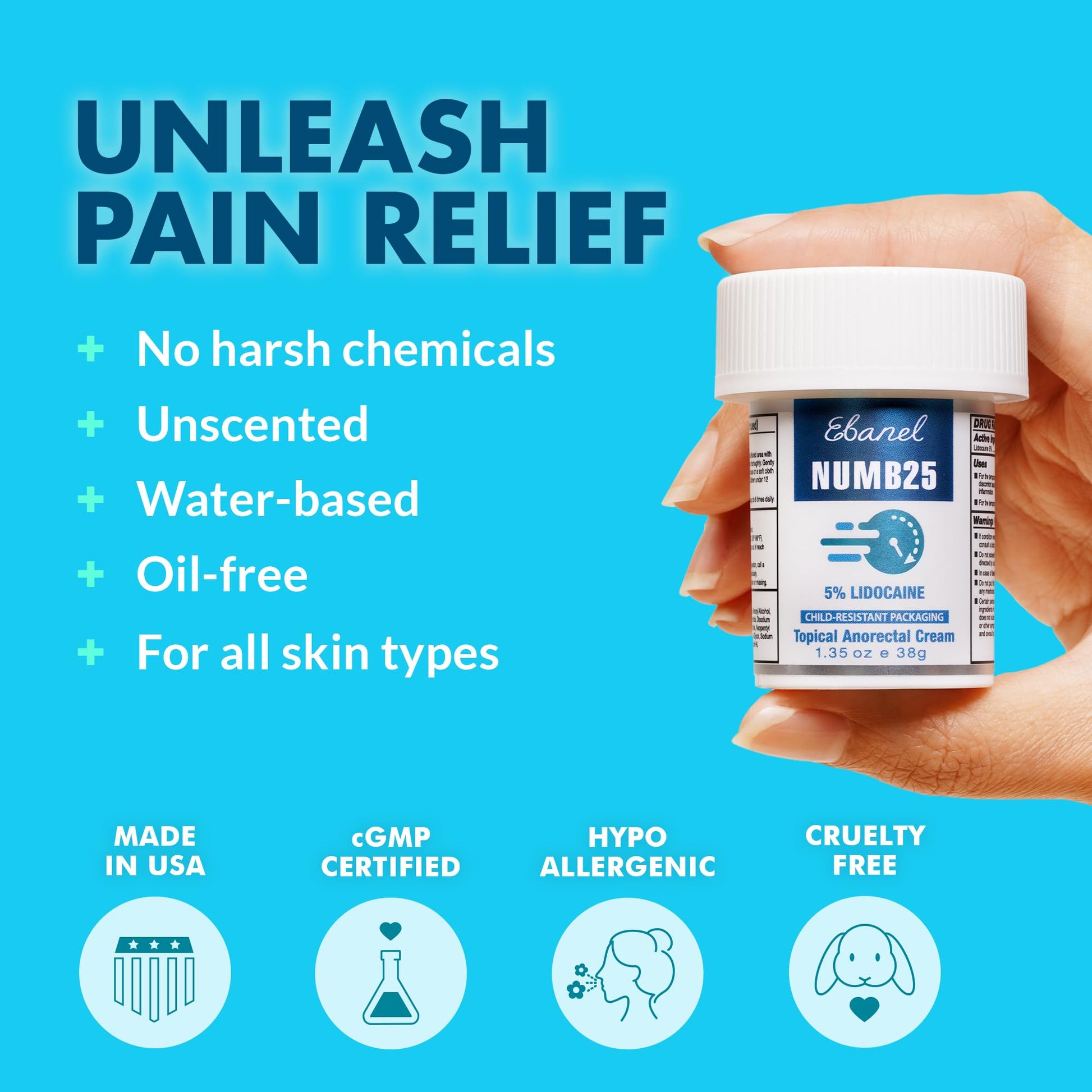 Ebanel 5% Lidocaine Numbing Cream, Pain Relief Burn Itch Numb Cream, Maximum Strength Numb25 Topical Anesthetic with Allantoin, Vitamin E for Local and Anorectal Uses, Hemorrhoid Treatment, 1.35 Oz - dailyvitalstore