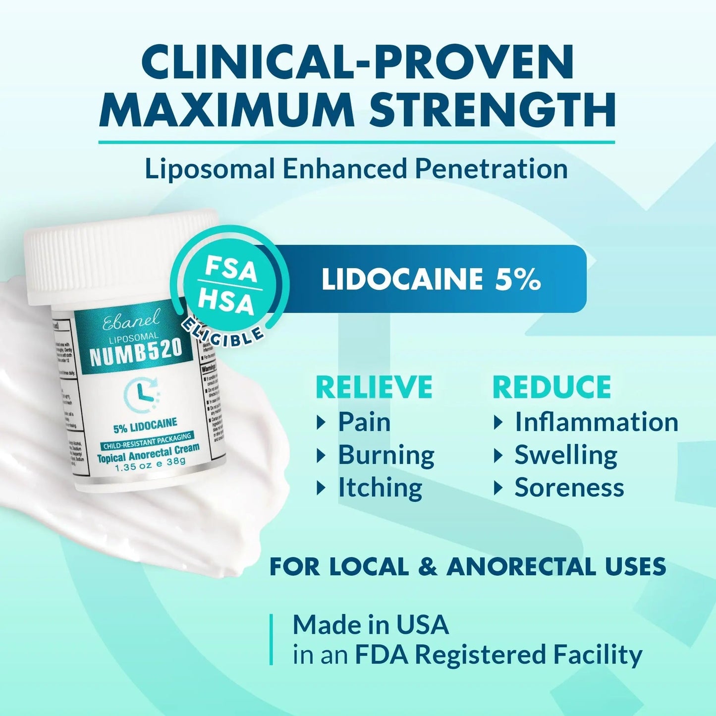 Ebanel 5% Lidocaine Numbing Cream, Pain Relief Burn Itch Numb Cream, Maximum Strength Topical Anesthetic with Allantoin, Vitamin E for Local and Anorectal Uses, Hemorrhoid Treatment, 1.35 Oz - dailyvitalstore