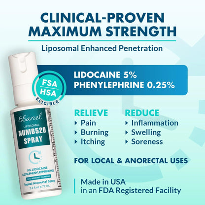 Ebanel 5% Lidocaine Spray Pain Relief Numb520 Burn Itch Relief Numbing Spray for Skin, Topical Anesthetic Postpartum Hemorrhoid Treatment with Phenylephrine for Local and Anorectal Uses - dailyvitalstore