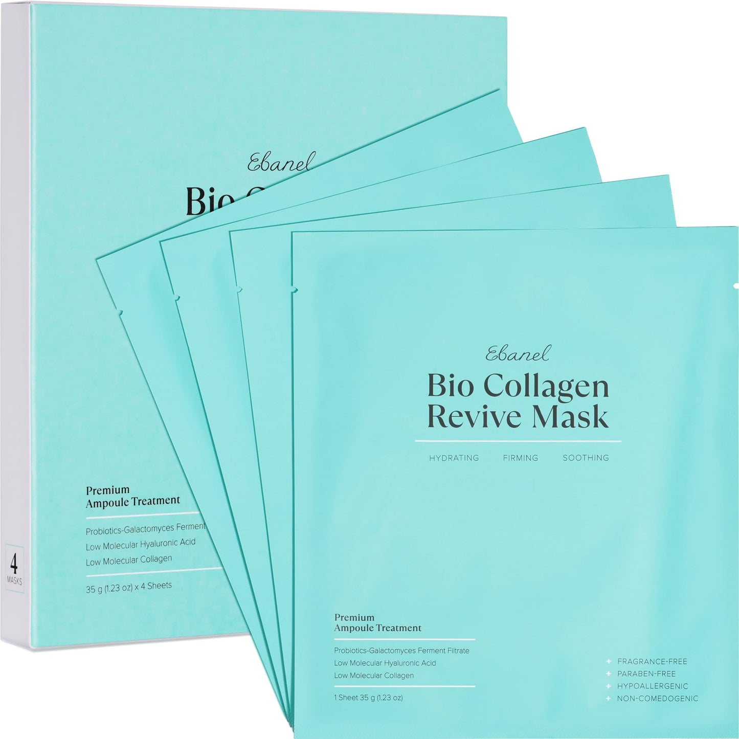 Ebanel Bio Collagen Face Mask, 4-Pack Hydrating Face Masks with 7 Peptides, Hyaluronic Acid, Niacinamide, Centella, Rose Water, Ceramide, and B5, Glass Skin Tightening and Lifting Korean Sheet Masks - dailyvitalstore