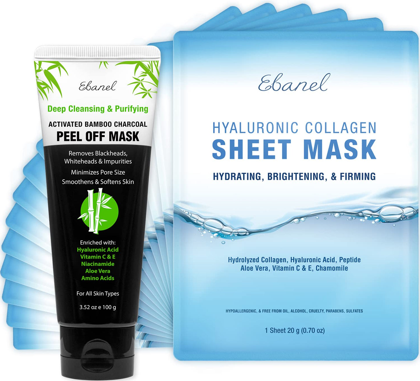 Ebanel Bundle of 15-Pack Collagen Face Mask, and Charcoal Peel Off Face Mask - dailyvitalstore