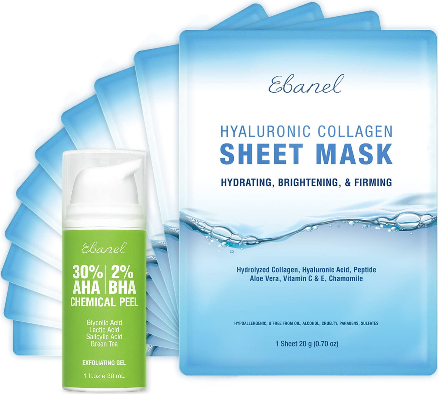 Ebanel Bundle of 30% AHA 2% BHA Chemical Peel and 10 Pack Collagen Face Mask - dailyvitalstore
