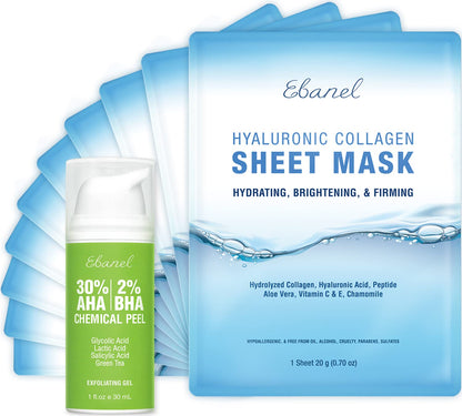 Ebanel Bundle of 30% AHA 2% BHA Chemical Peel and 10 Pack Collagen Face Mask - dailyvitalstore