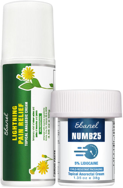 Ebanel Bundle of Numb25 Lidocaine 5% Topical Numbing Cream 1 Oz, and Pain Relief Roll On Arnica Menthol 3 Oz - dailyvitalstore