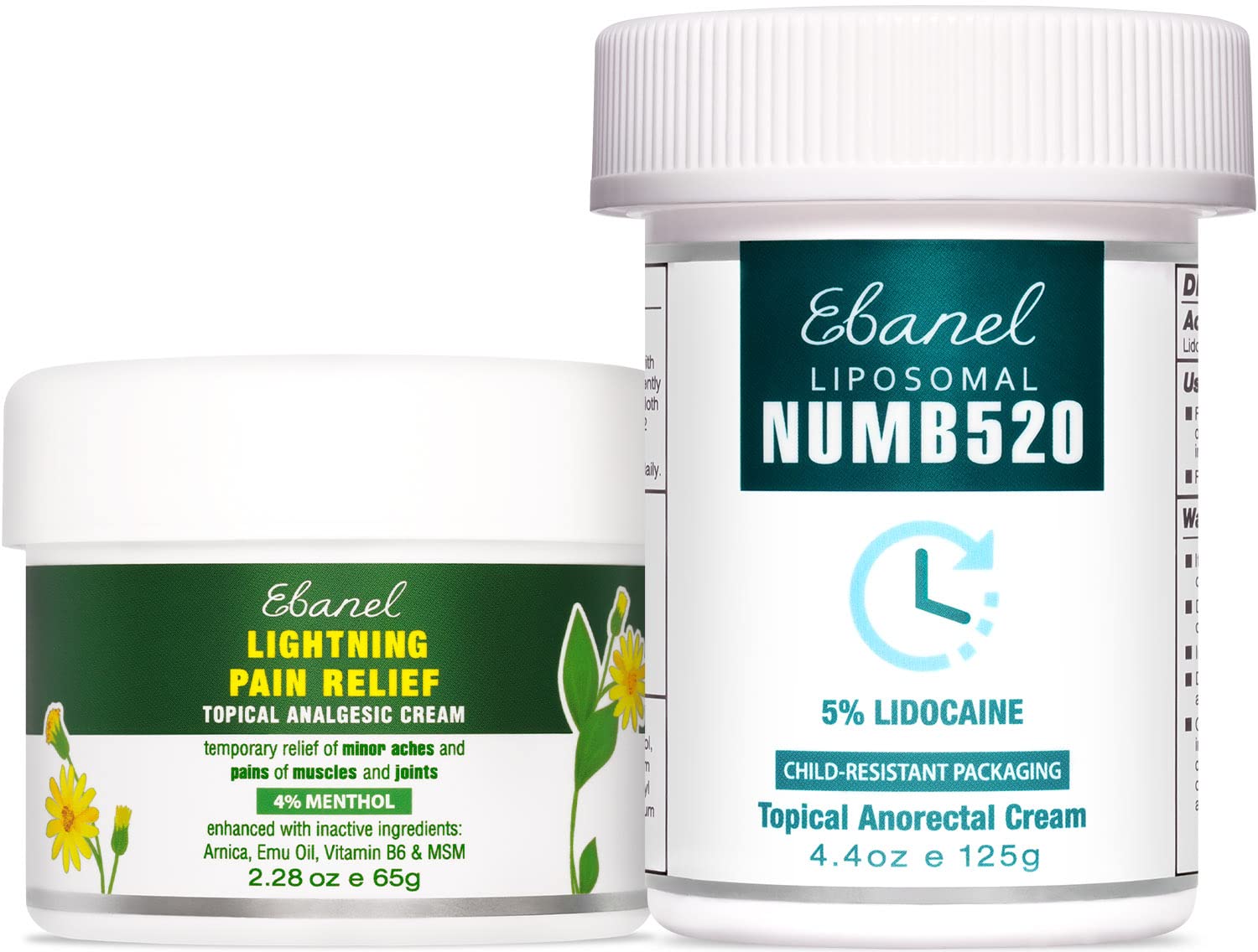 Ebanel Bundle of Pain Relief Cream Arnica Menthol 2 Oz, and Topical Numbing Cream 4 Oz - dailyvitalstore