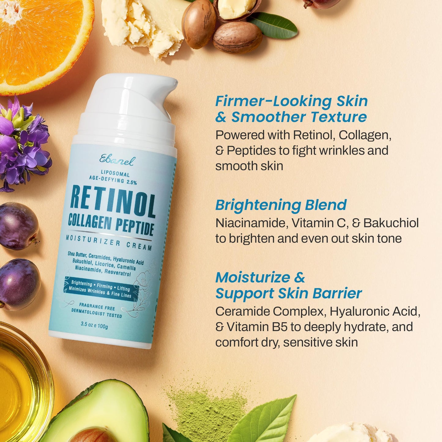 Ebanel Retinol Cream for Face 3.5 oz, Moisturizer with Collagen, Peptides, Ceramides, Hyaluronic Acid, Vitamin C & B5, Firming Anti Aging Face Cream for Wrinkles, Fine Lines, Dark Spots, Day & Night - dailyvitalstore
