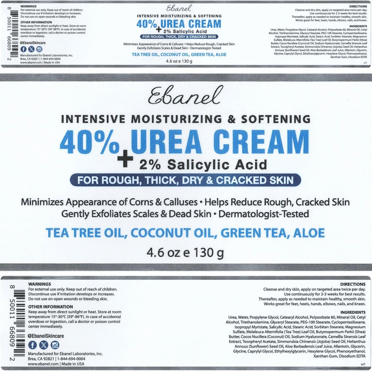 Ebanel Urea Cream 40% plus Salicylic Acid 2%, Foot Cream for Dry Cracked Heels Feet Knees Elbows Hands, Foot Dead Skin Cuticle Callus Remover Toenail Softener, Keratolytic Skin Barrier Repair, 3-Pack - dailyvitalstore