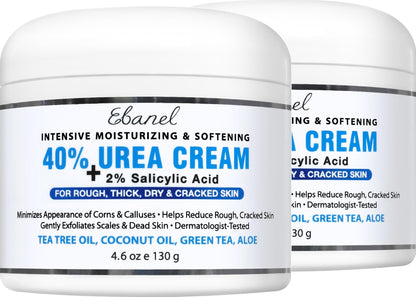 Ebanel Urea Cream 40% plus Salicylic Acid 2%, Foot Cream for Dry Cracked Heels Feet Knees Elbows Hands, Foot Dead Skin Cuticle Callus Remover Toenail Softener, Keratolytic Skin Barrier Repair, 2-Pack - dailyvitalstore