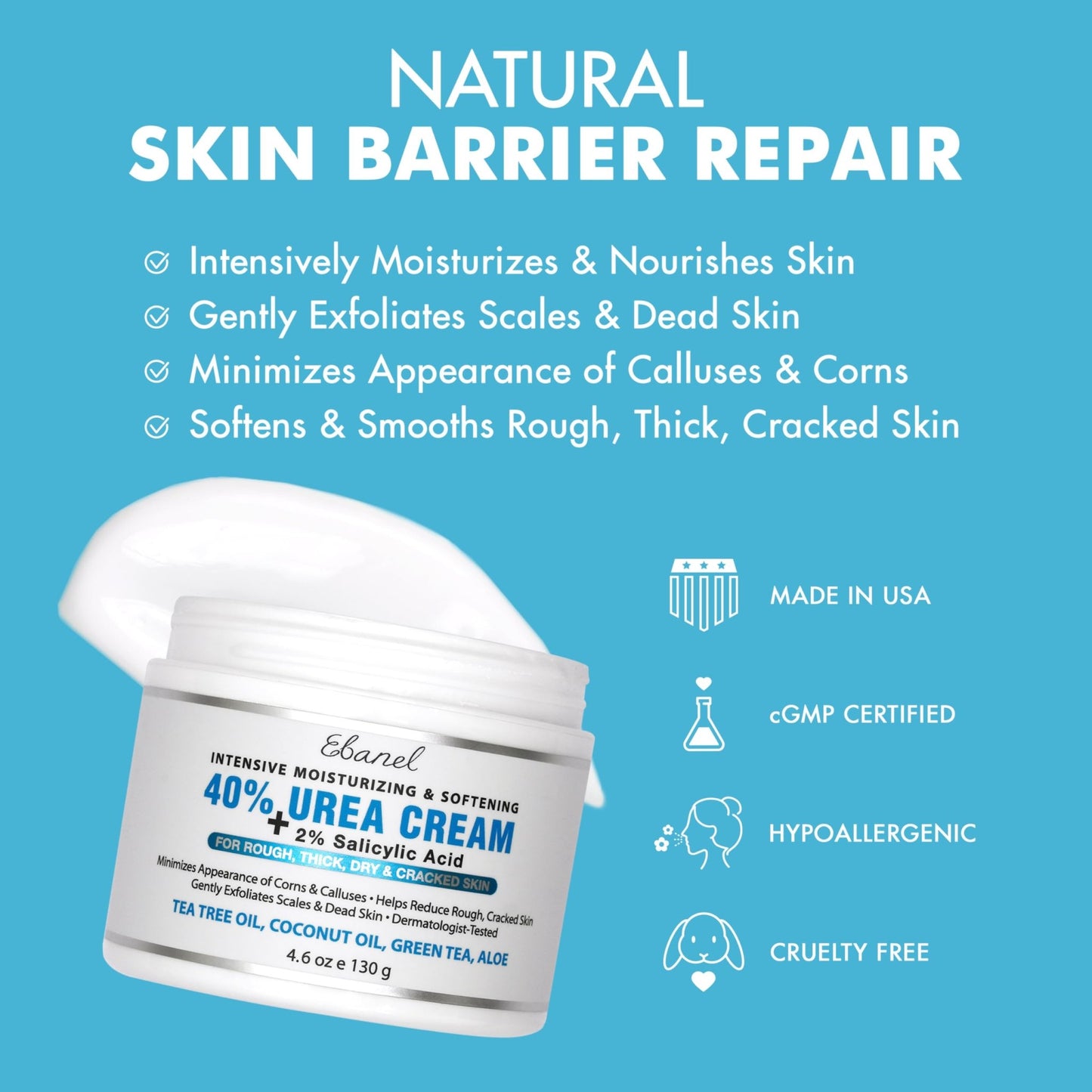 Ebanel Urea Cream 40% plus Salicylic Acid 2%, Foot Cream for Dry Cracked Heels Feet Knees Elbows Hands, Foot Dead Skin Cuticle Callus Remover Toenail Softener, Keratolytic Skin Barrier Repair, 2-Pack - dailyvitalstore