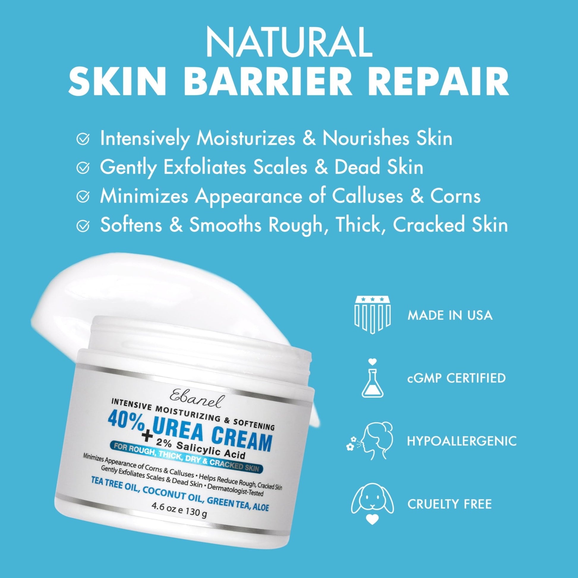 Ebanel Urea Cream 40% plus Salicylic Acid 2%, Foot Cream for Dry Cracked Heels Feet Knees Elbows Hands, Foot Dead Skin Cuticle Callus Remover Toenail Softener, Keratolytic Skin Barrier Repair, 3-Pack - dailyvitalstore