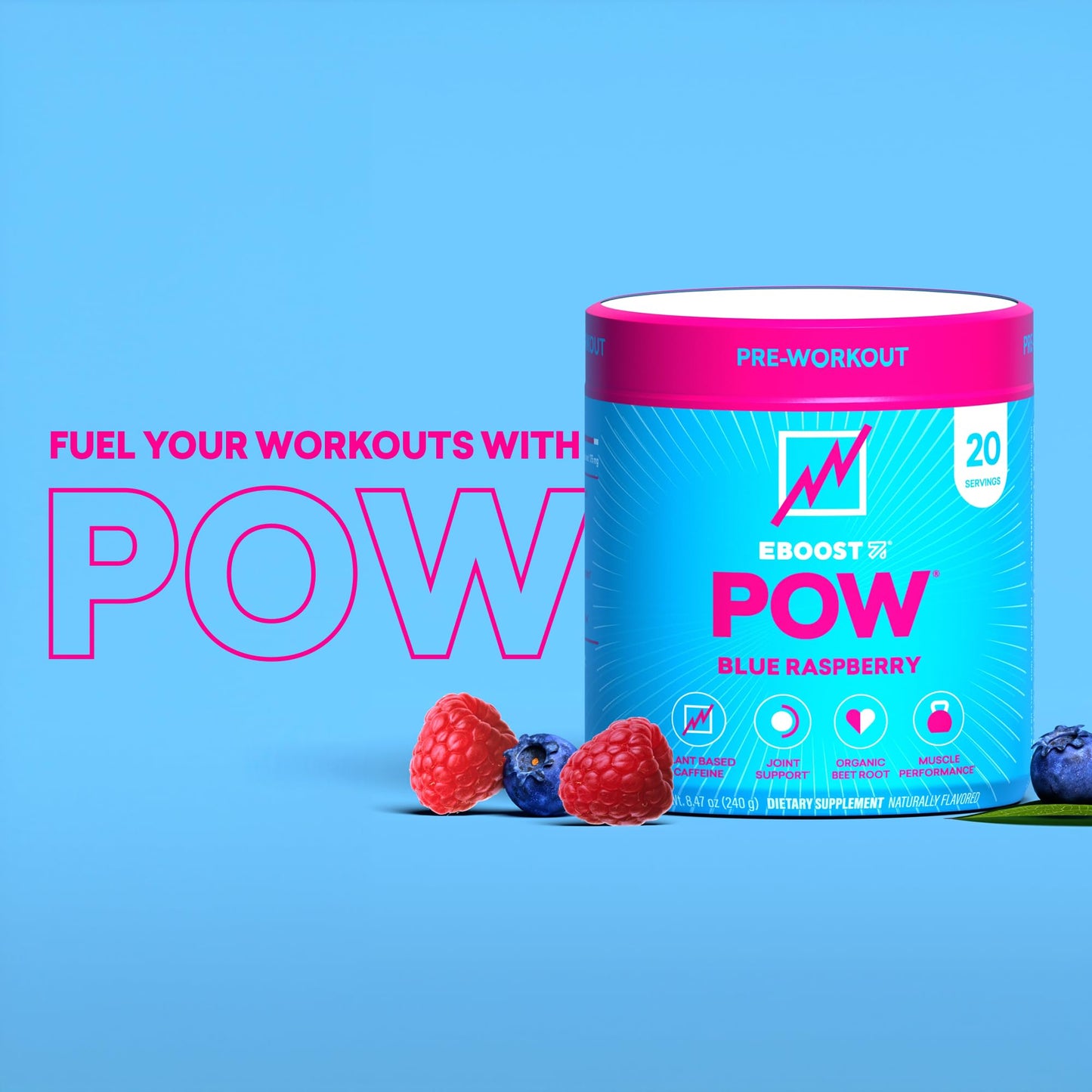 EBOOST POW Natural Pre Workout Powder – 20 Servings - Blue Raspberry - A PreWorkout Supplement for Performance, Joint Mobility Support, Energy - Men and Women - dailyvitalstore