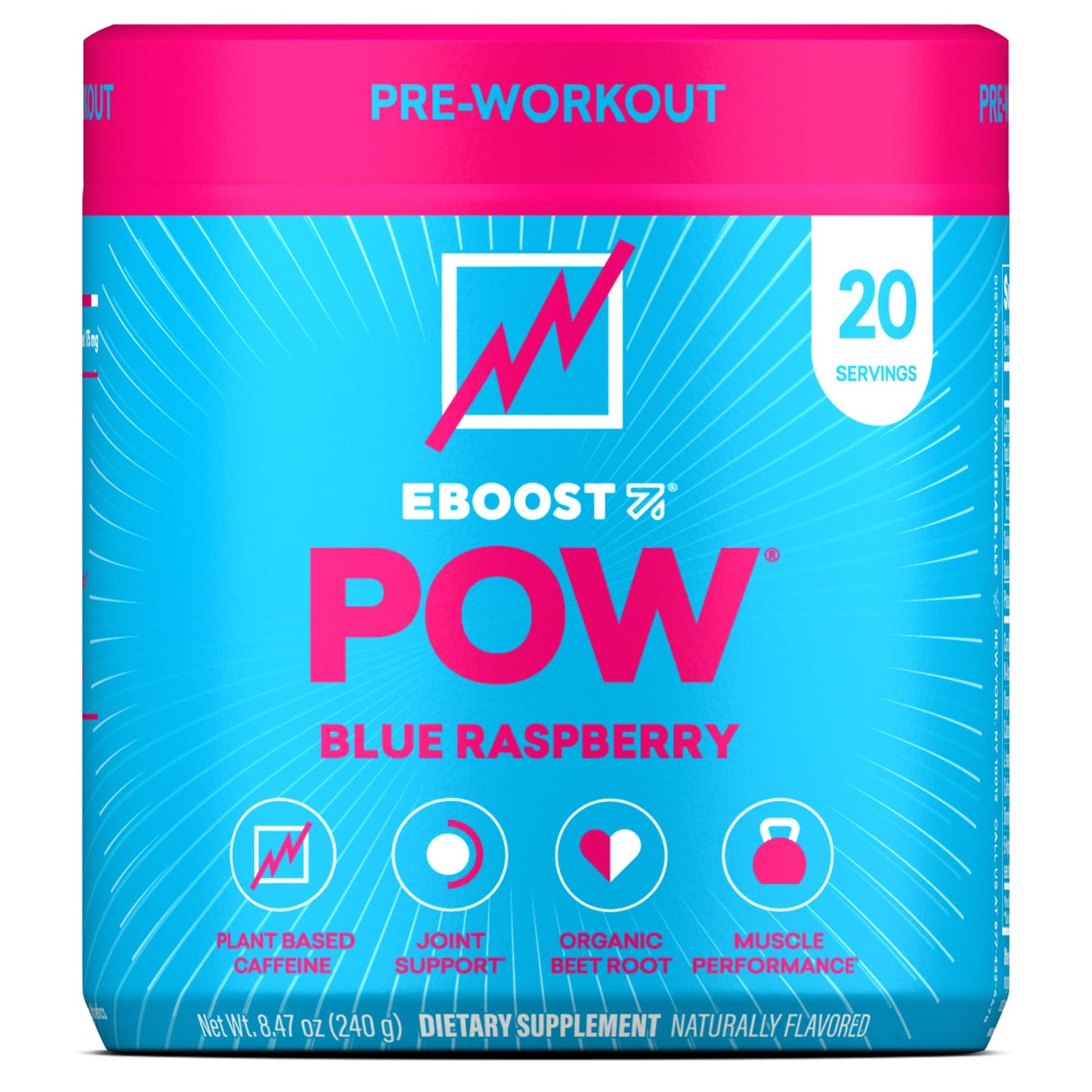 EBOOST POW Natural Pre Workout Powder – 20 Servings - Blue Raspberry - A PreWorkout Supplement for Performance, Joint Mobility Support, Energy - Men and Women - dailyvitalstore