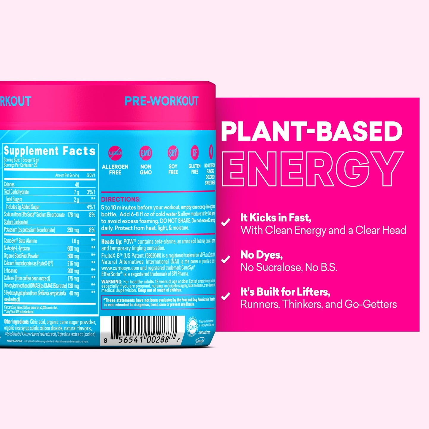 EBOOST POW Natural Pre Workout Powder – 20 Servings - Blue Raspberry - A PreWorkout Supplement for Performance, Joint Mobility Support, Energy - Men and Women - dailyvitalstore