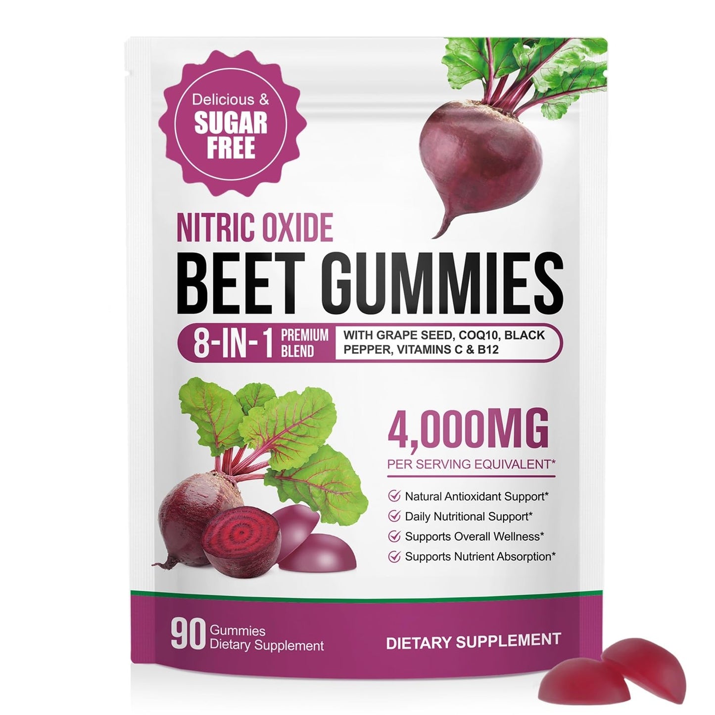 ECHTEYUN Super Beetroot Gummies, 8 in 1 Beet Root 4,000mg with Grape Seed Extract & CoQ10, Sugar Free - 90 Count (1) - dailyvitalstore