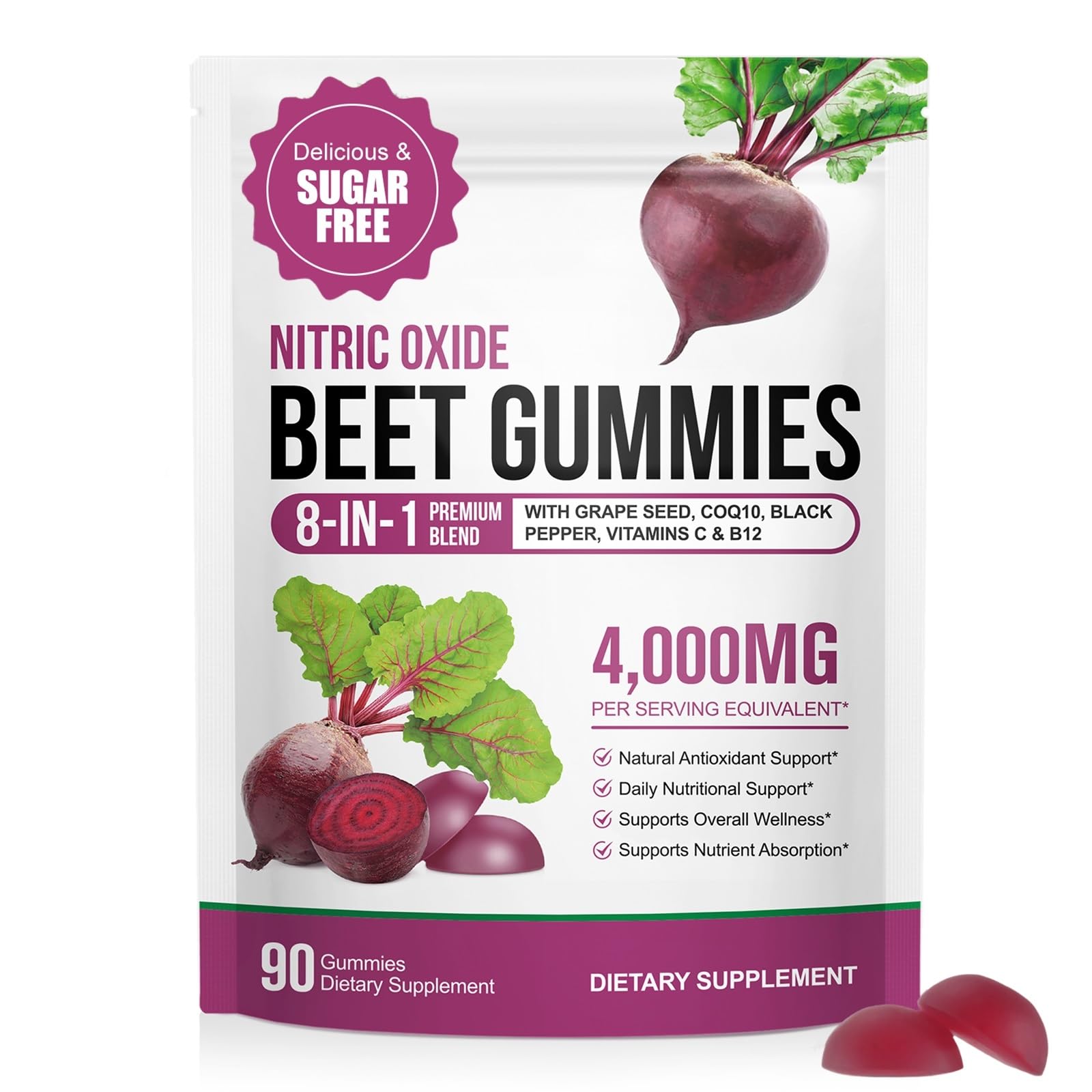 ECHTEYUN Super Beetroot Gummies, 8 in 1 Beet Root 4,000mg with Grape Seed Extract & CoQ10, Sugar Free - 90 Count (1) - dailyvitalstore