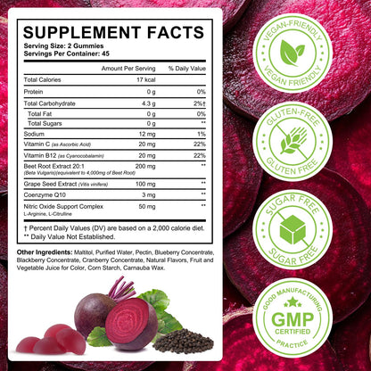 ECHTEYUN Super Beetroot Gummies, 8 in 1 Beet Root 4,000mg with Grape Seed Extract & CoQ10, Sugar Free - 90 Count (1) - dailyvitalstore