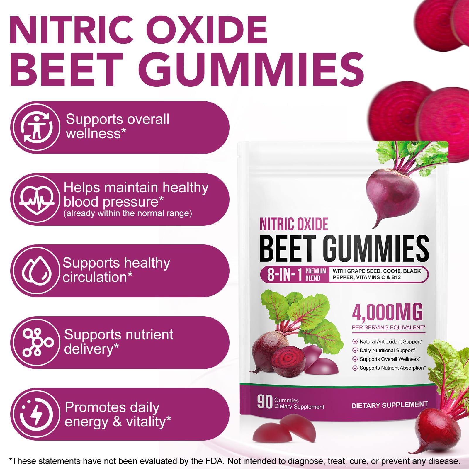 ECHTEYUN Super Beetroot Gummies, 8 in 1 Beet Root 4,000mg with Grape Seed Extract & CoQ10, Sugar Free - 90 Count (1) - dailyvitalstore