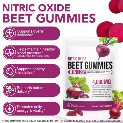 ECHTEYUN Super Beetroot Gummies, 8 in 1 Beet Root 4,000mg with Grape Seed Extract & CoQ10, Sugar Free - 90 Count (1) - dailyvitalstore