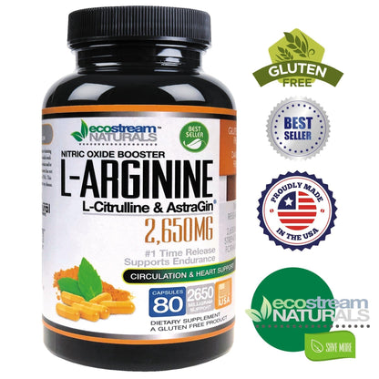 ecostream Naturals MAX 2650mg Nitric Oxide Booster L-Arginine - L-Citruline and Astragin - Time Release 2650 MAX Formula - dailyvitalstore