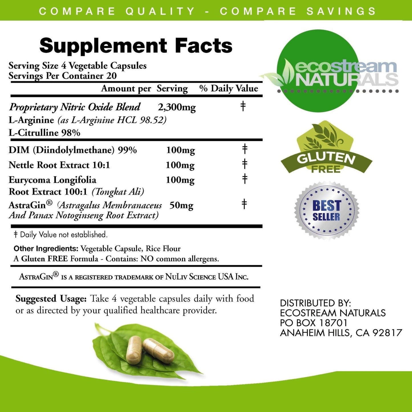 ecostream Naturals MAX 2650mg Nitric Oxide Booster L-Arginine - L-Citruline and Astragin - Time Release 2650 MAX Formula - dailyvitalstore