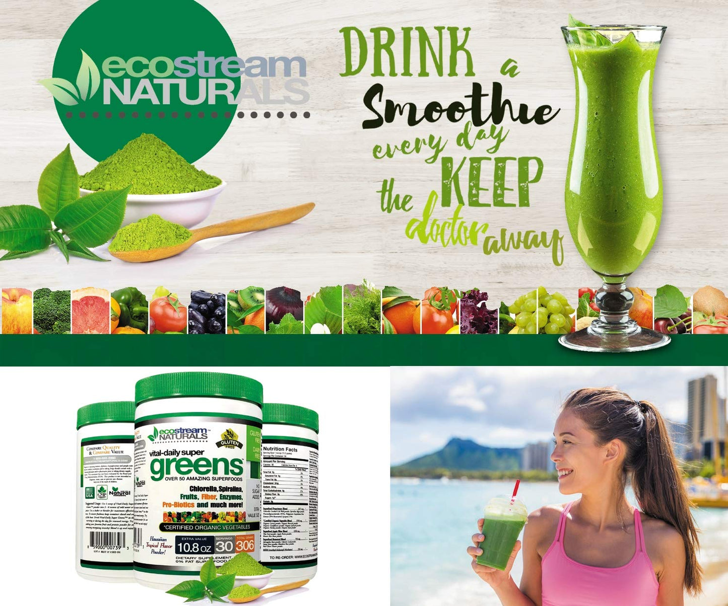 ecostream Naturals Vital First Daily Greens Superfood Powder 50 Whole Super Foods with Spirulina, Chlorella, Flax Seed, Fiber and Enzymes with Organic Greens - 30 Servings - dailyvitalstore