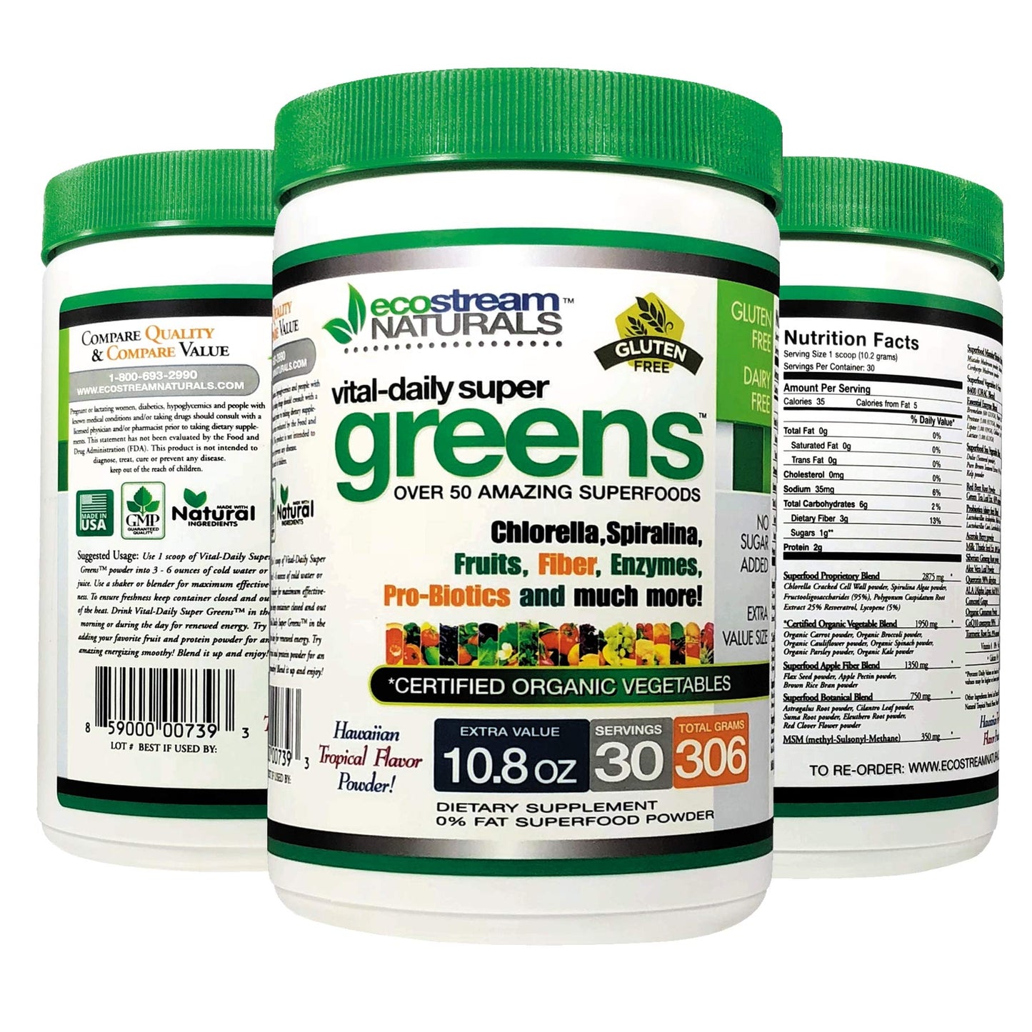 ecostream Naturals Vital First Daily Greens Superfood Powder 50 Whole Super Foods with Spirulina, Chlorella, Flax Seed, Fiber and Enzymes with Organic Greens - 30 Servings - dailyvitalstore