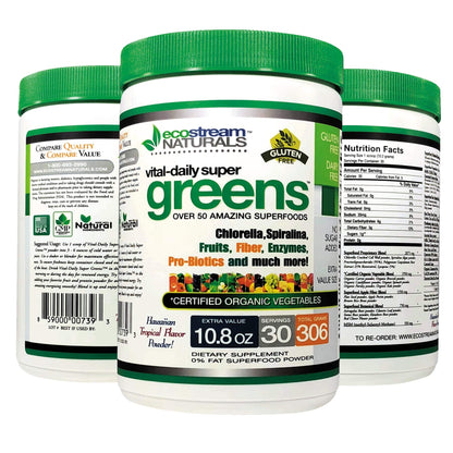 ecostream Naturals Vital First Daily Greens Superfood Powder 50 Whole Super Foods with Spirulina, Chlorella, Flax Seed, Fiber and Enzymes with Organic Greens - 30 Servings - dailyvitalstore