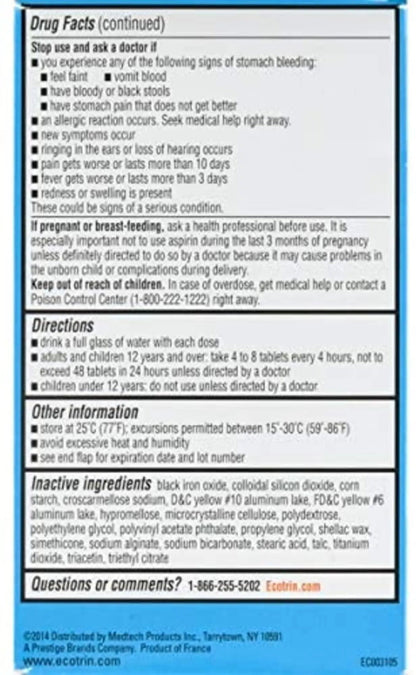 Ecotrin Low Strength Aspirin Arthritis Pain Relief, Safety Coated 81mg Aspirin Tablets for Arthritis, Toothache & Headache Relief, 365 Count - dailyvitalstore