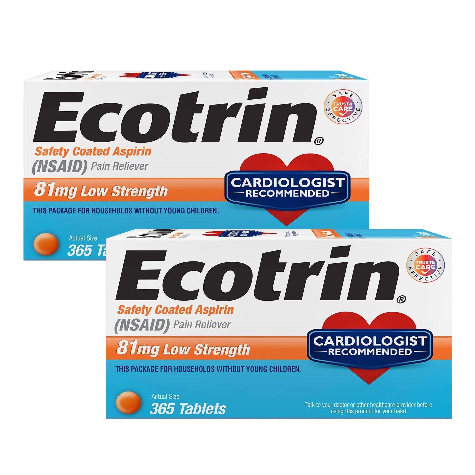 Ecotrin Low Strength Safety Coated Aspirin | NSAID | 81mg | 365 Tablets (2 Pack) - dailyvitalstore
