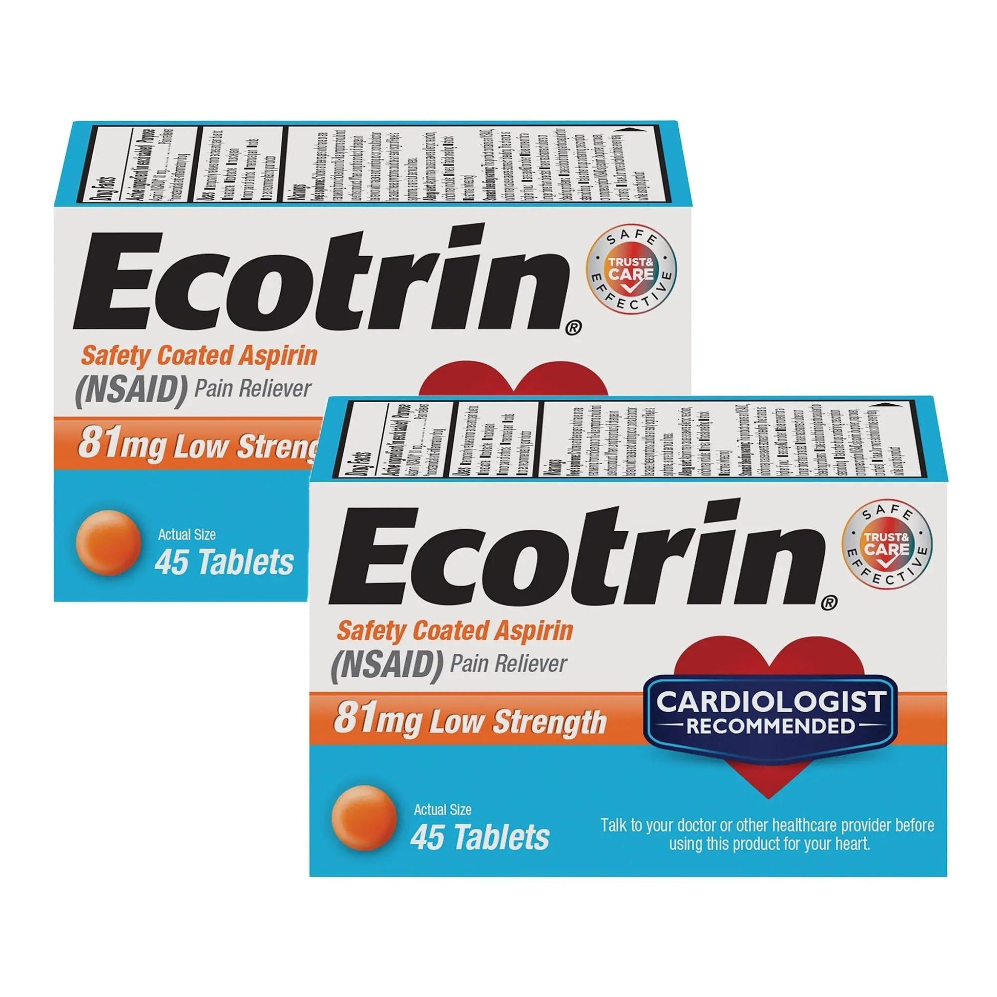 Ecotrin Low Strength Safety Coated Aspirin, NSAID 81mg, 45 count (2 Pack) - dailyvitalstore