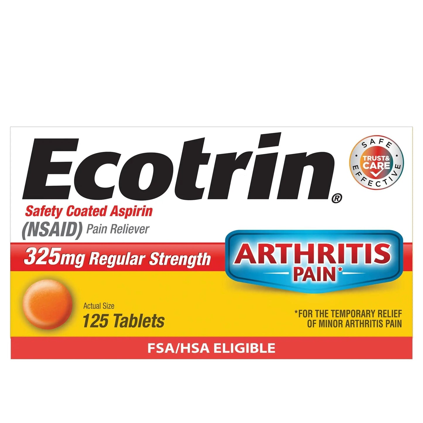 Ecotrin Regular Strength 325mg Aspirin Safetey Coated Tablets, Arthritis, Toothache & Headache Relief Designed to Protect the Stomach, 125 Count - dailyvitalstore
