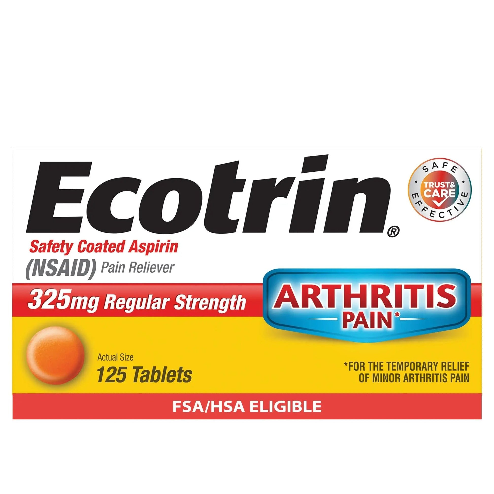 Ecotrin Regular Strength 325mg Aspirin Safetey Coated Tablets, Arthritis, Toothache & Headache Relief Designed to Protect the Stomach, 125 Count - dailyvitalstore