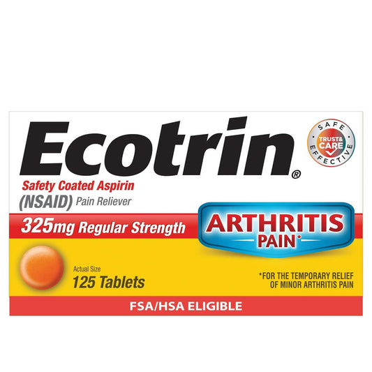 Ecotrin Regular Strength 325mg Aspirin Safetey Coated Tablets, Arthritis, Toothache & Headache Relief Designed to Protect the Stomach, 125 Count - dailyvitalstore