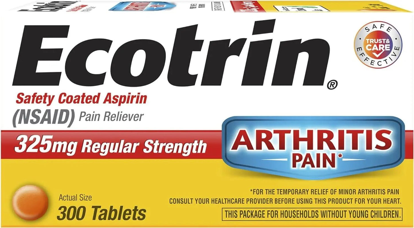 Ecotrin Regular Strength Aspirin, Arthritis Pain Relief, 325mg Regular Strength, 300 Safety Coated Tablets - dailyvitalstore