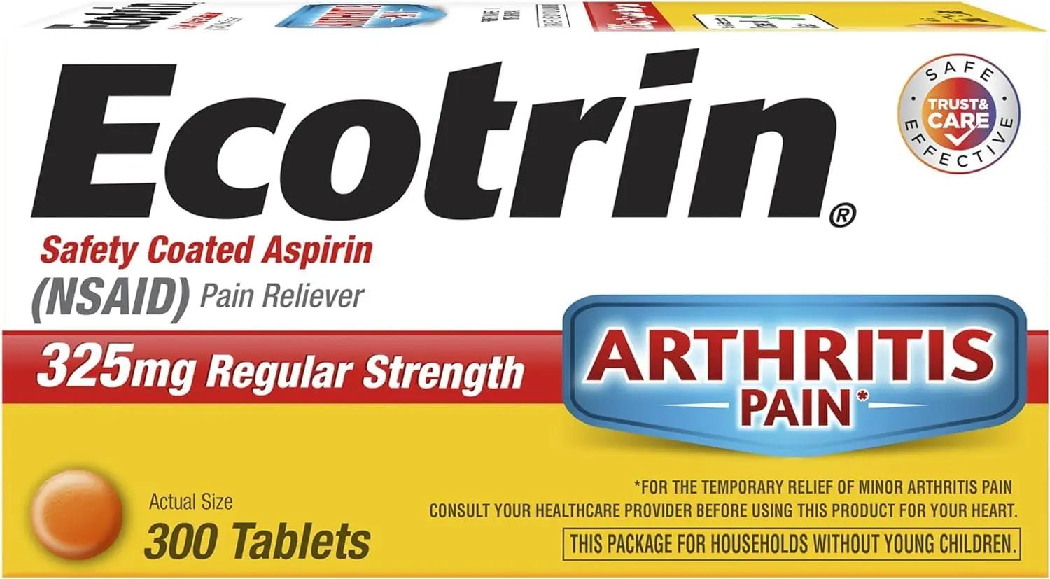 Ecotrin Regular Strength Aspirin, Arthritis Pain Relief, 325mg Regular Strength, 300 Safety Coated Tablets - dailyvitalstore