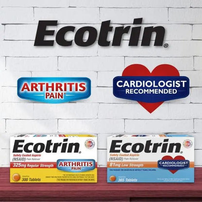 Ecotrin Regular Strength Safety Coated Aspirin | Arthritis Pain | 300 Tablets (2 Pack) - dailyvitalstore