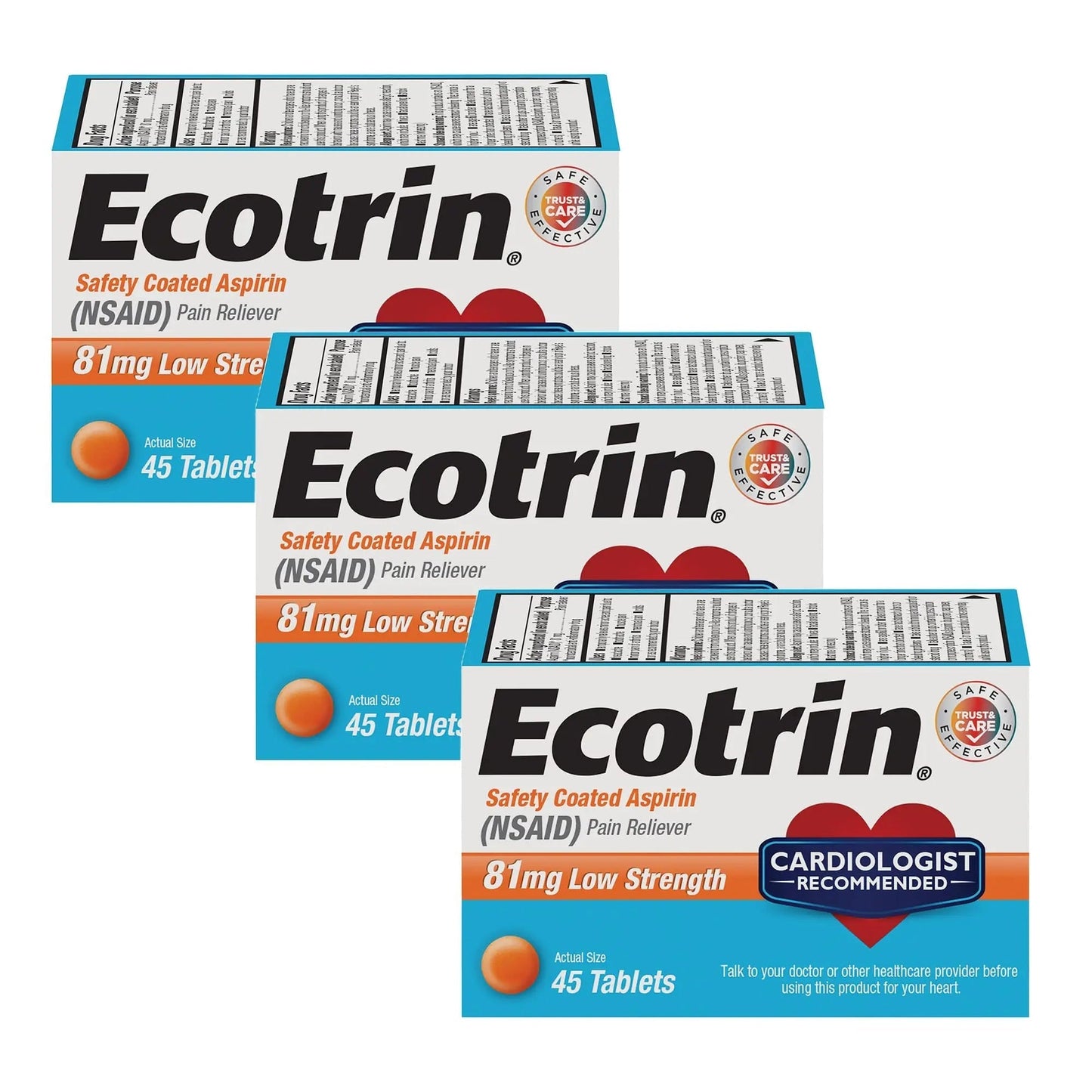 Ecotrin Safety Coated Aspirin Pain Reliever Tablets, Low Strength, NSAID 81mg, 45 ct (Pack of 3) - dailyvitalstore