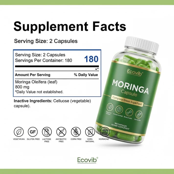 ECOVIB Moringa Capsules – 180 Vegan Capsules | Organic Superfood for Energy, Immunity & Detox - dailyvitalstore