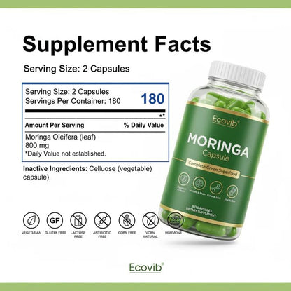 ECOVIB Moringa Capsules – 180 Vegan Capsules | Organic Superfood for Energy, Immunity & Detox - dailyvitalstore