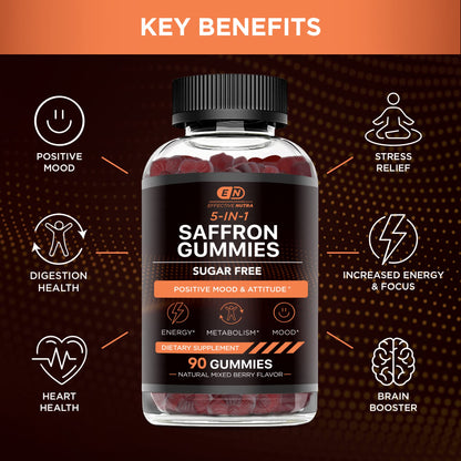 Effective Nutra Saffron Gummies for Adults 88.5mg - Mood Support & Stress Relief with GABA, Passion Flower - 5-in-1 Formula - Sugar-Free, Vegan, Non-GMO, Made in USA - 90 Count (45-Day Supply) - dailyvitalstore
