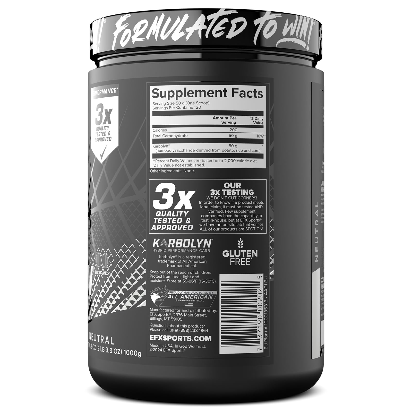 EFX Sports Karbolyn Fuel | Fast-Absorbing Carbohydrate Powder | Carb Load, Sustained Energy, Quick Recovery | Stimulant Free | 20 Servings (Neutral) - dailyvitalstore