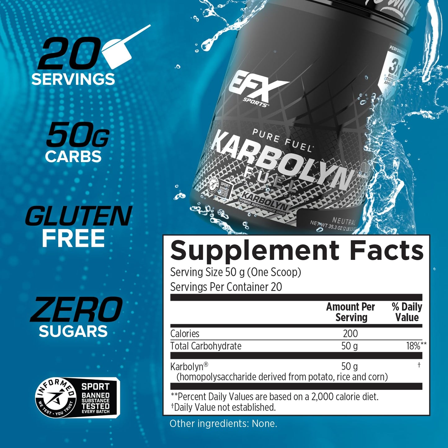 EFX Sports Karbolyn Fuel | Fast-Absorbing Carbohydrate Powder | Carb Load, Sustained Energy, Quick Recovery | Stimulant Free | 20 Servings (Neutral) - dailyvitalstore
